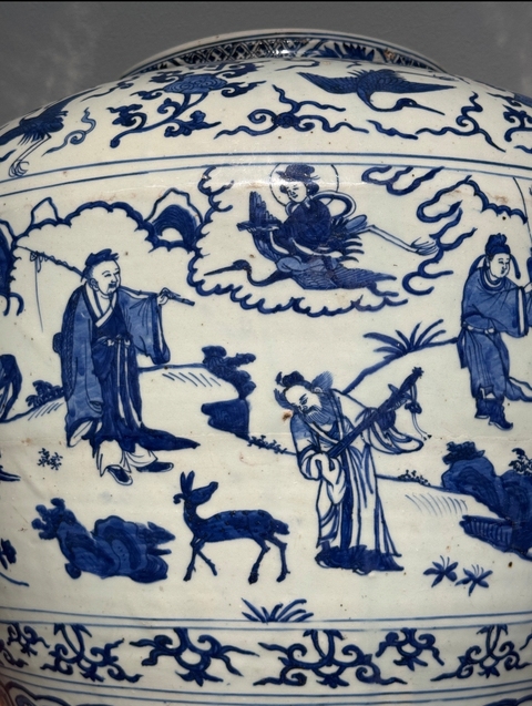 古玩陶瓷群仙祝壽圖青花罐真品鑒賞圖