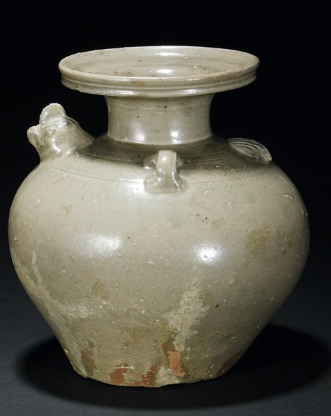 古玩陶瓷越窯青瓷雞首盤口壺真品鑒賞圖