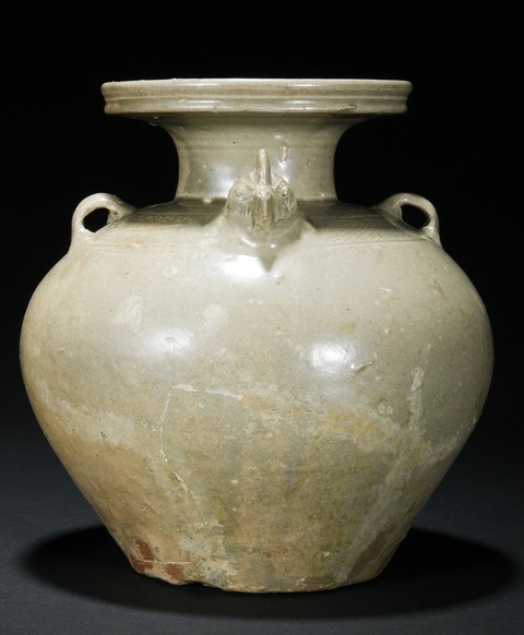 古玩陶瓷越窯青瓷雞首盤口壺真品鑒賞圖