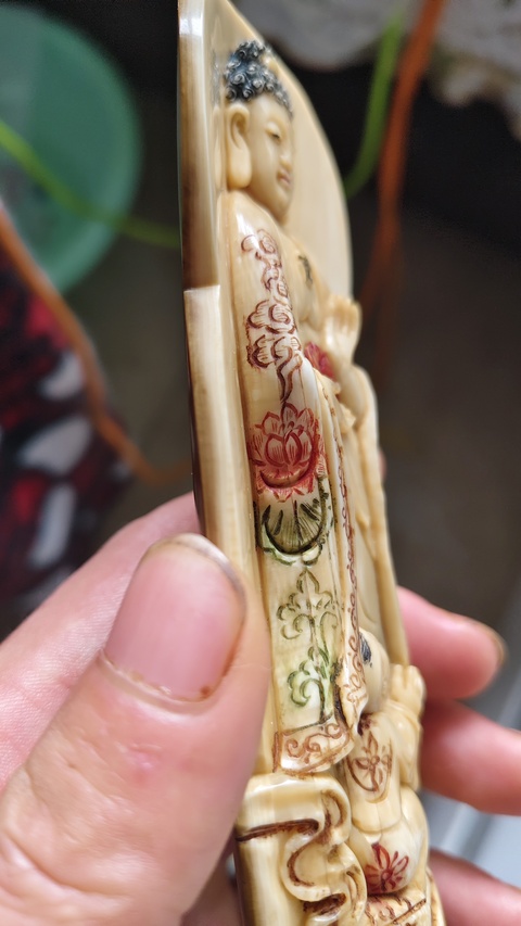 古玩雜項牙雕童子拜佛擺件真品鑒賞圖