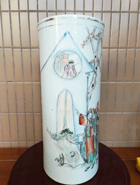古玩陶瓷油粉彩人物故事紋帽筒真品鑒賞圖