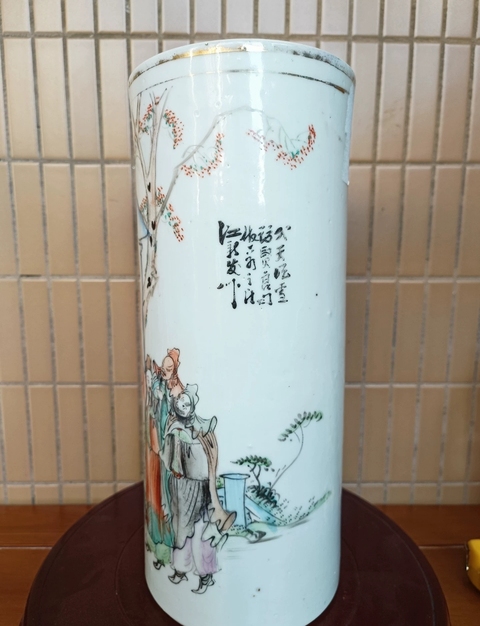 古玩陶瓷油粉彩人物故事紋帽筒真品鑒賞圖