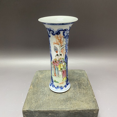 古玩陶瓷人物紋青花廣彩束腰花觚真品鑒賞圖