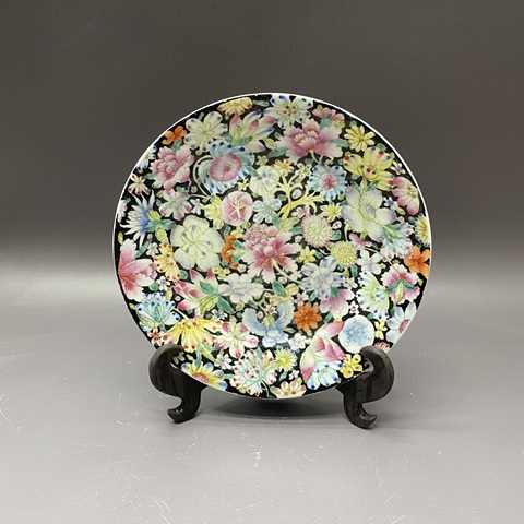 古玩陶瓷百花不落地粉彩盤真品鑒賞圖