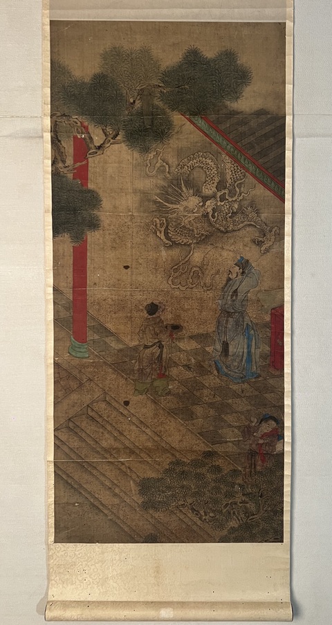 古玩字畫佚名工筆重彩葉公好龍立軸真品鑒賞圖