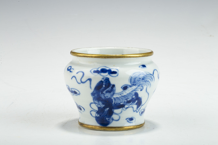 古玩陶瓷清晚·青花獅子繡球紋小廣口罐拍賣，當前價格1424元