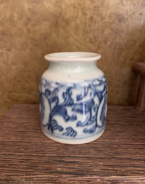 古玩陶瓷青花淡描花卉紋水盂真品鑒賞圖