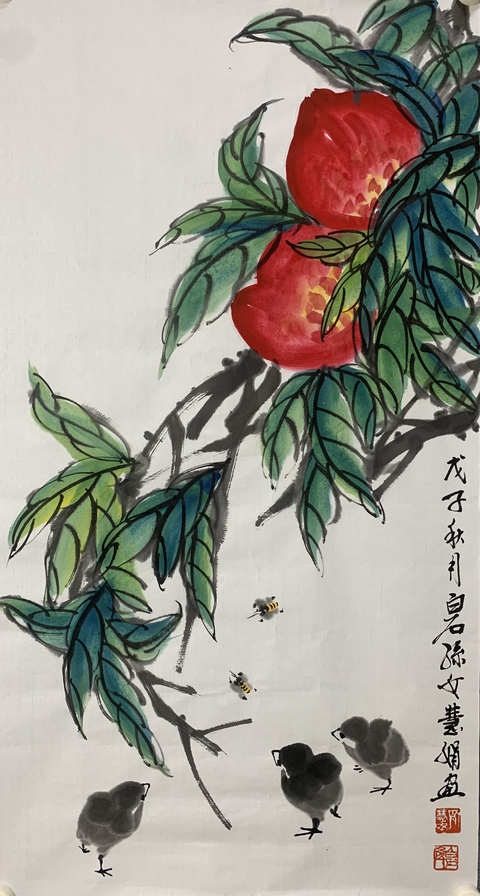 古玩字畫白石孫女齊慧娟 壽桃小雞圖拍賣,當前價格116元