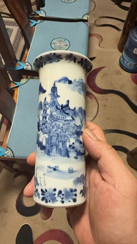 古玩陶瓷青花山水人物紋箭筒真品鑒賞圖