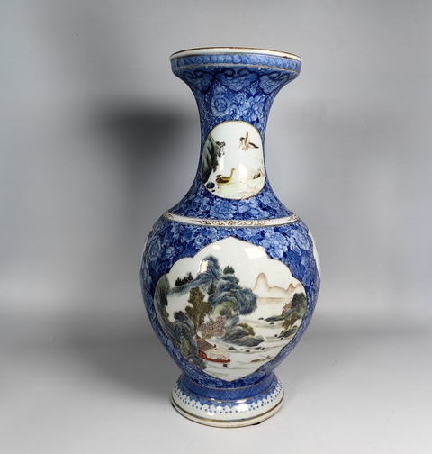 古玩陶瓷晚清民國(guó)百花不落地開(kāi)窗粉彩風(fēng)景山水四季花卉紋賞瓶真品鑒賞圖