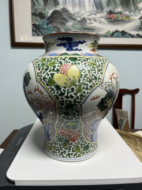 古玩陶瓷青花五彩開窗海水麒麟紋將軍罐真品鑒賞圖