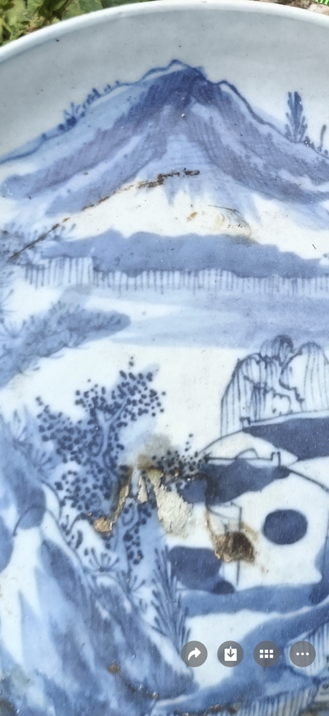 古玩陶瓷樵漁耕讀山水紋青花盤真品鑒賞圖