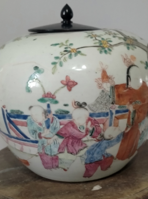 古玩陶瓷粉彩五子奪魁圖西瓜罐，模糊，偏老真品鑒賞圖