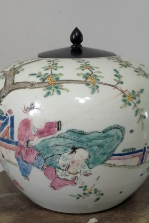 古玩陶瓷粉彩五子奪魁圖西瓜罐，模糊，偏老真品鑒賞圖