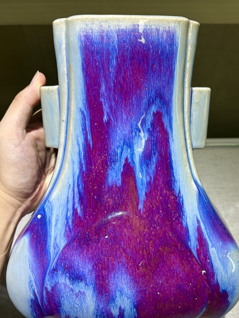 古玩陶瓷窯變釉貫耳瓶真品鑒賞圖