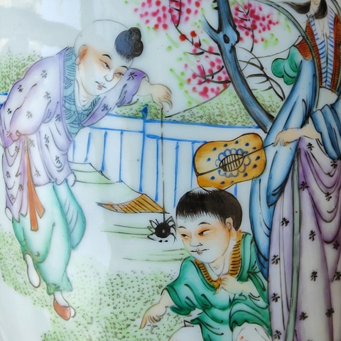 古玩陶瓷三娘教子圖新粉彩瓶真品鑒賞圖