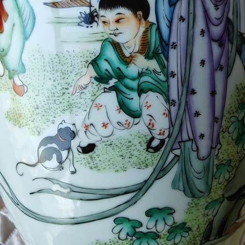 古玩陶瓷三娘教子圖新粉彩瓶真品鑒賞圖