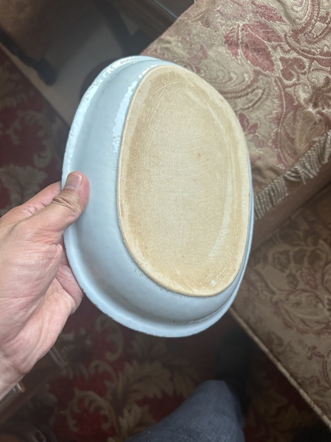 古玩陶瓷樓臺亭閣山水紋青花橢圓型深盤真品鑒賞圖