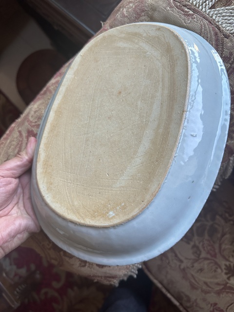 古玩陶瓷樓臺亭閣山水紋青花橢圓型深盤真品鑒賞圖