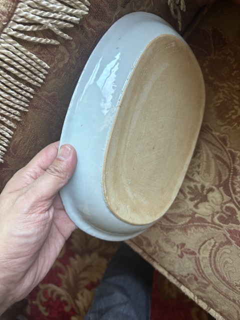 古玩陶瓷樓臺亭閣山水紋青花橢圓型深盤真品鑒賞圖