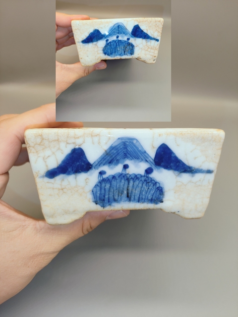 古玩陶瓷清中期哥釉青花山水水仙盆真品鑒賞圖