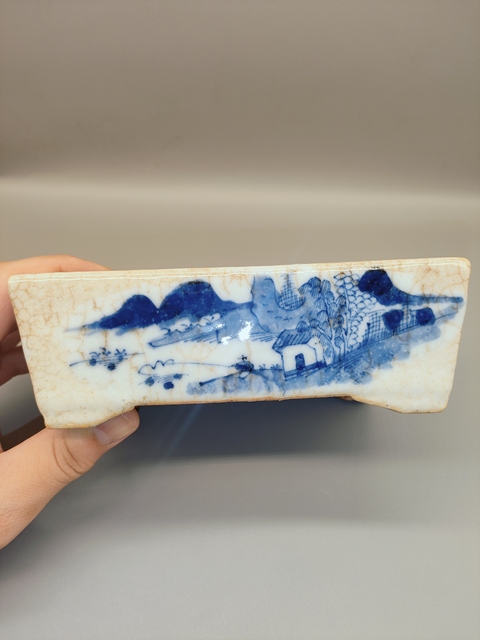 古玩陶瓷清中期哥釉青花山水水仙盆真品鑒賞圖