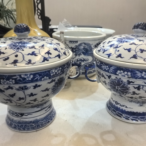 古玩陶瓷青花纏枝花卉紋溫碗一對真品鑒賞圖