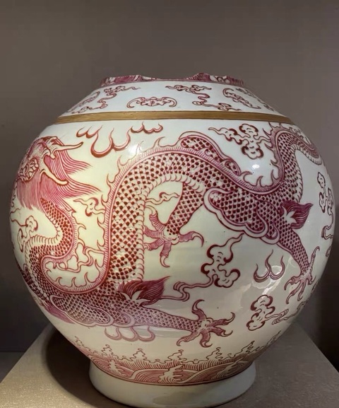 古玩陶瓷胭脂紅彩龍紋賞瓶標本真品鑒賞圖
