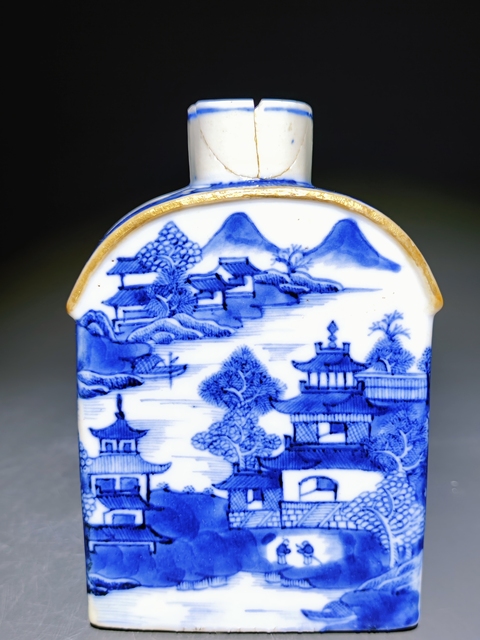 古玩陶瓷青花山水人物紋茶葉罐真品鑒賞圖