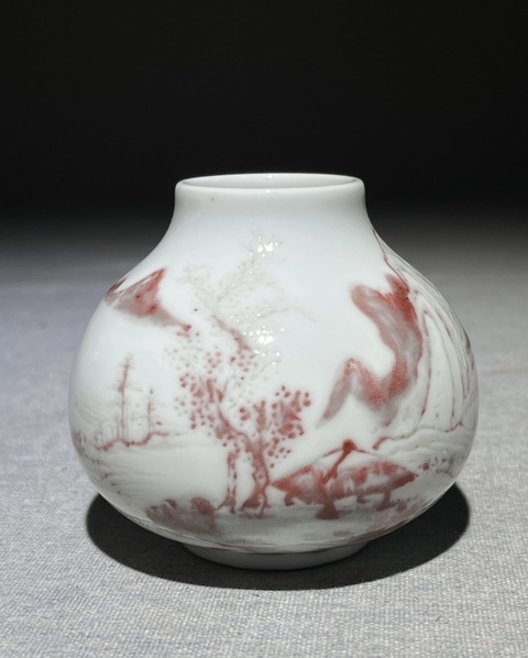 古玩陶瓷釉里紅山水人物水盂，疑似復窯真品鑒賞圖