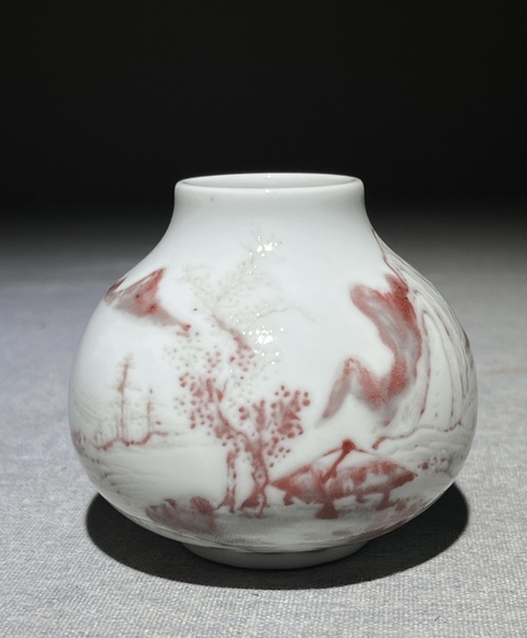 古玩陶瓷釉里紅山水人物水盂，疑似復窯真品鑒賞圖