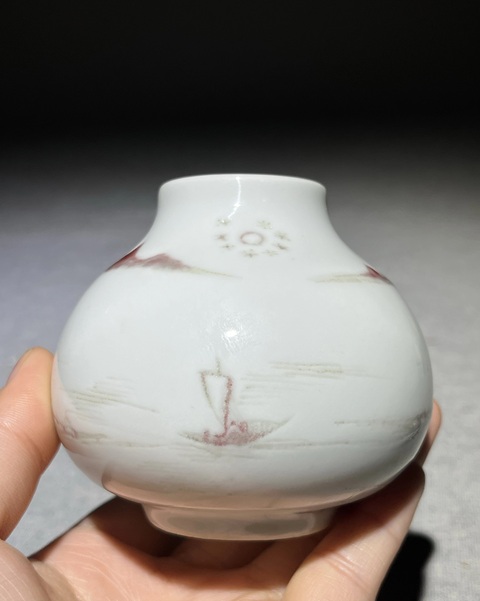 古玩陶瓷釉里紅山水人物水盂，疑似復窯真品鑒賞圖