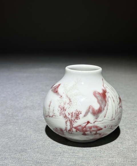 古玩陶瓷釉里紅山水人物水盂，疑似復窯真品鑒賞圖
