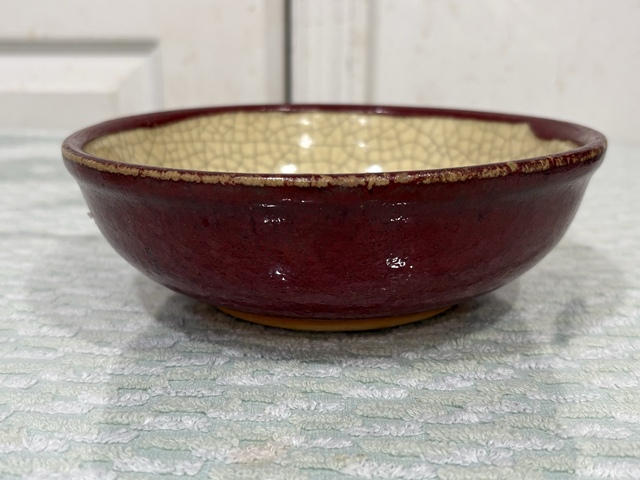 古玩陶瓷外紅釉內哥釉深盤真品鑒賞圖