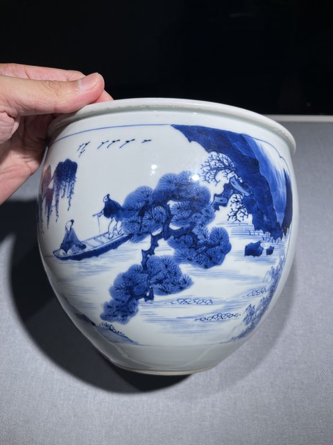 古玩陶瓷青花開光山水人物案缸真品鑒賞圖