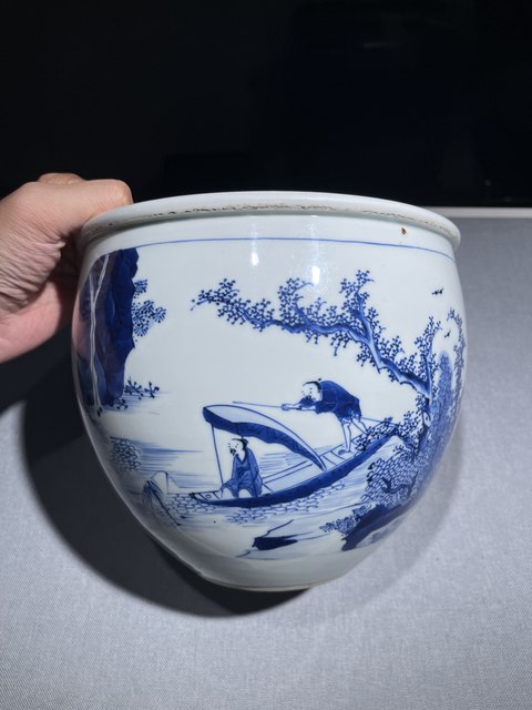 古玩陶瓷青花開光山水人物案缸真品鑒賞圖