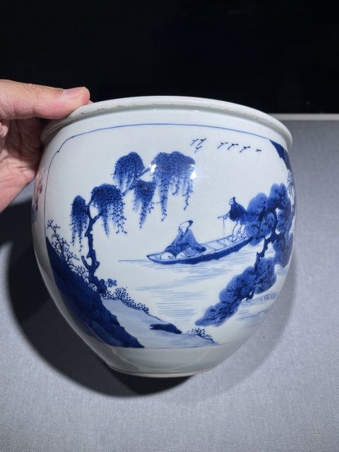 古玩陶瓷青花開光山水人物案缸真品鑒賞圖