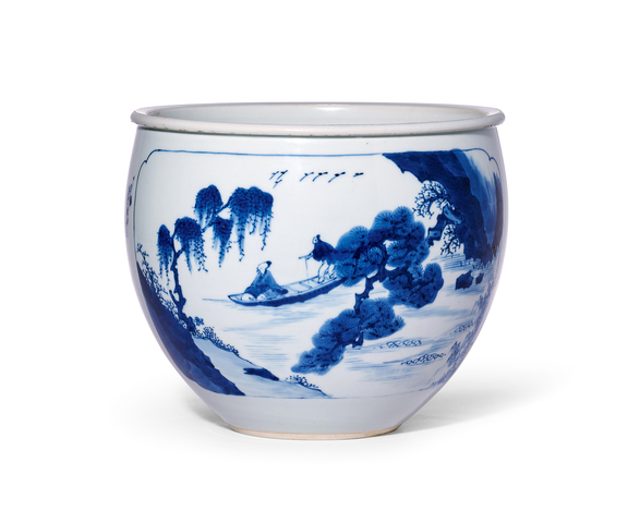 古玩陶瓷青花開光山水人物案缸真品鑒賞圖