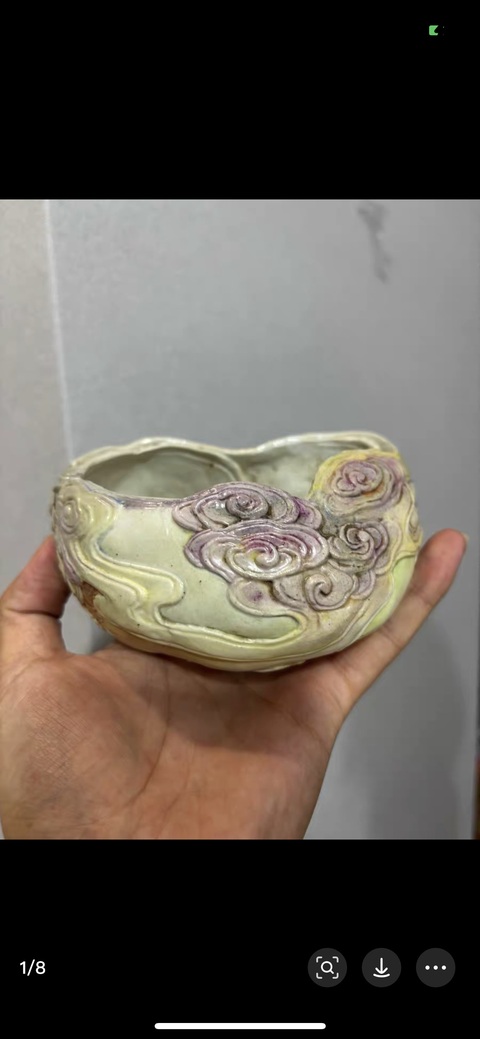 古玩陶瓷如意云頭紋桃型水盂真品鑒賞圖