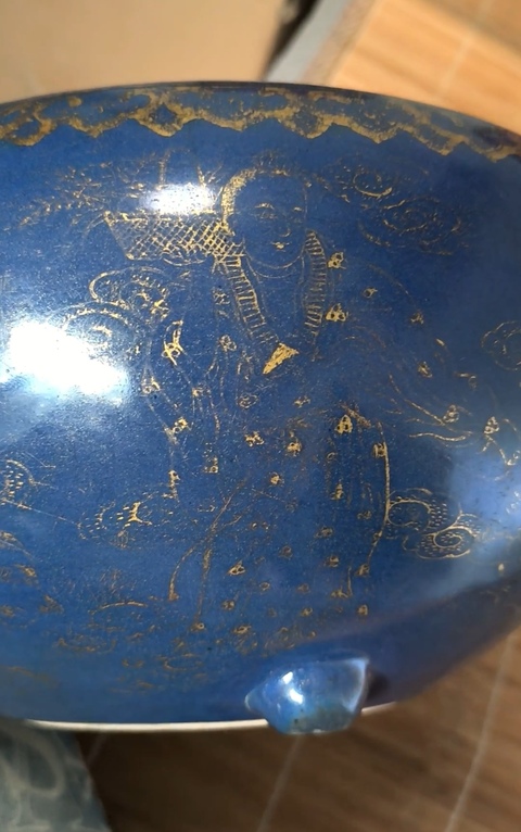 古玩陶瓷霽藍釉描金三乳足缽式香爐真品鑒賞圖