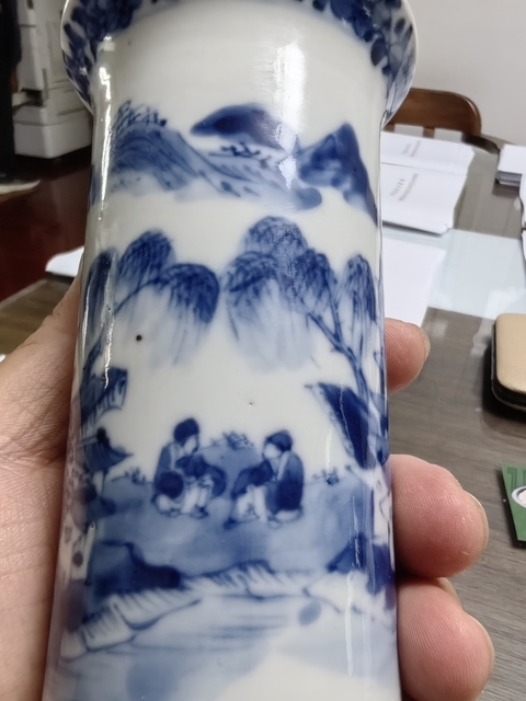 古玩陶瓷樓臺亭閣山水紋青花花觚真品鑒賞圖