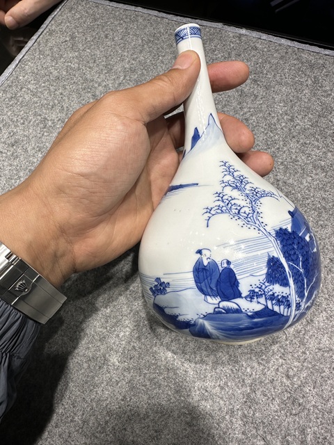 古玩陶瓷青花山水人物錐把瓶，注意品相真品鑒賞圖