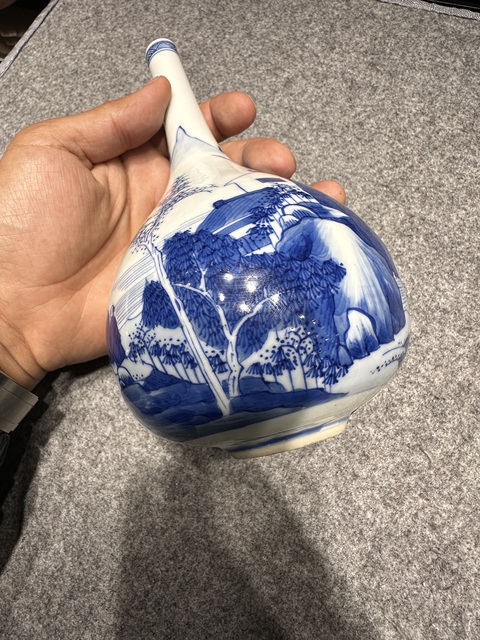 古玩陶瓷青花山水人物錐把瓶，注意品相真品鑒賞圖