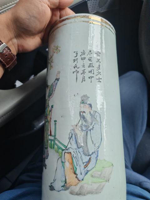 古玩陶瓷粉彩人物故事帽筒真品鑒賞圖