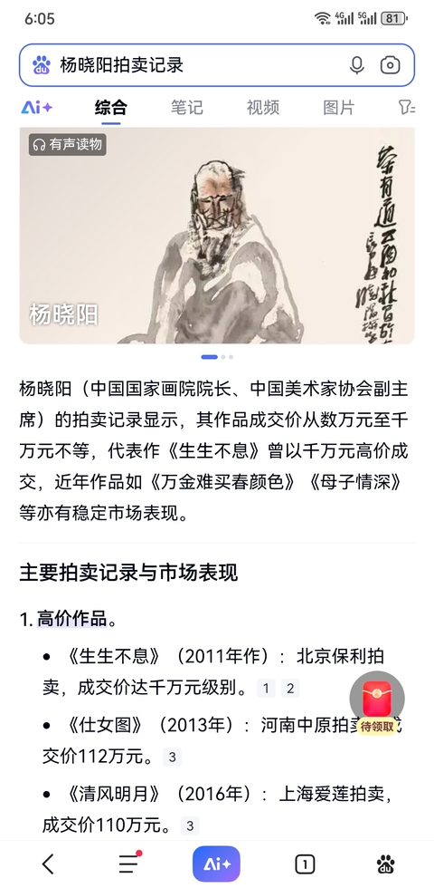 古玩字畫中美協副主席中國國家畫院院長楊曉陽人物拍賣，當前價格30000元