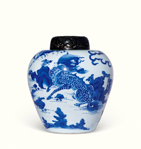 古玩陶瓷明末清初 青花麒麟望月圖罐拍賣，當前價格80000元