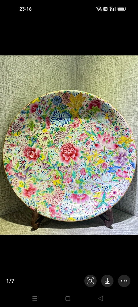 古玩陶瓷百花不落地粉彩盤真品鑒賞圖