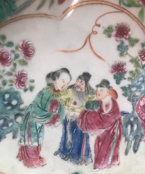古玩陶瓷粉彩花卉開窗人物海棠貢盤真品鑒賞圖