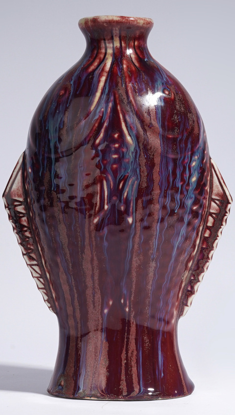 古玩陶瓷窯變紅釉雙魚紋瓶真品鑒賞圖