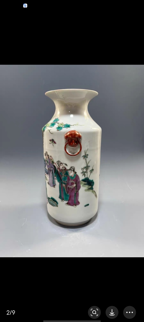 古玩陶瓷粉彩人物故事雙耳瓶真品鑒賞圖